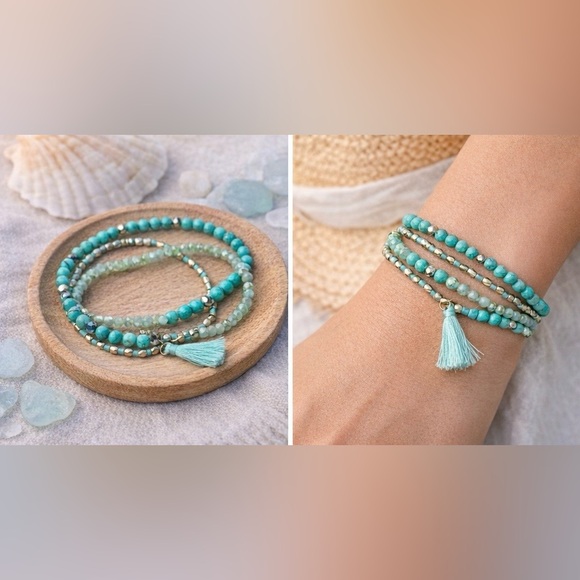 Handmade Jewelry - Artisan Mermaidcore Turquoise and Gold Tone Bead Tassel Stretch Bracelet Set